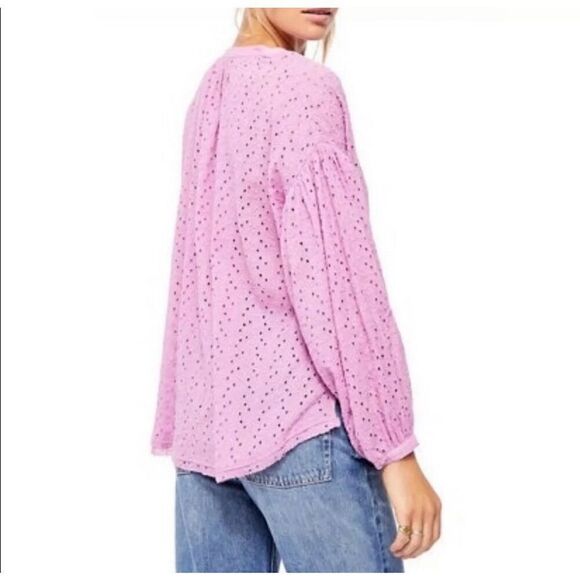 Free People Maddison Eyelet Blouse Orchid L Button Front Long Sleeve Oversized - Picture 3 of 16